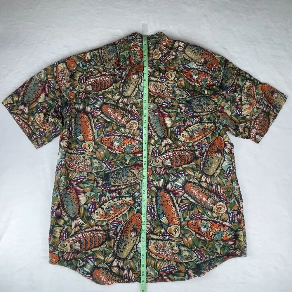 Banana Republic Safari Shirt Men XL Green All Over Fish Print Casual Button Down